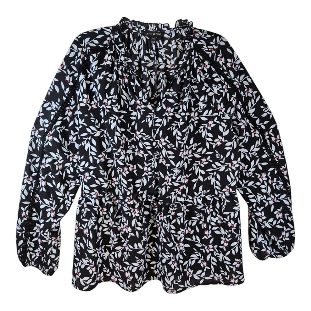 Lane Bryant Black Floral Button Down Peasant Style Long Sleeve Blouse 14/16